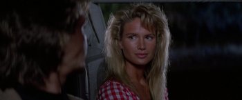 Movie still from “Road House” (1989), directed by Rowdy Herrington – A woman in a checkered shirt with long blonde hair; Close Up shot, Over the shoulder angle