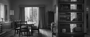 Movie still from “Roma” (2018), directed by Alfonso Cuarón – A dining room table and chairs in front of a large window; Wide shot, High angle