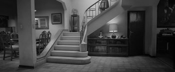 Movie still from “Roma” (2018), directed by Alfonso Cuarón – A black - and - white photo of a staircase in a house; Wide shot, High angle