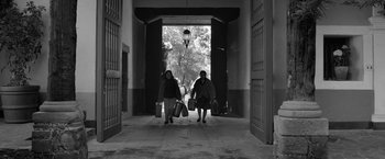 Movie still from “Roma” (2018), directed by Alfonso Cuarón – Two women walking down a street holding luggage; Wide shot, Low angle
