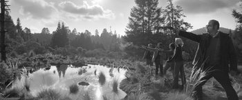 Movie still from “Roma” (2018), directed by Alfonso Cuarón – A group of people standing next to a body of water; Wide shot, Low angle