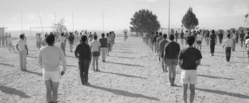 Movie still from “Roma” (2018), directed by Alfonso Cuarón – A black and white photo of a group of people walking on the beach; Wide shot, High angle
