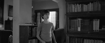 Movie still from “Roma” (2018), directed by Alfonso Cuarón – A young man standing in front of bookshelves; Medium shot, High angle