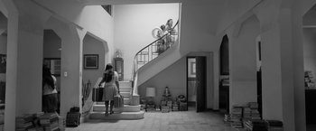 Movie still from “Roma” (2018), directed by Alfonso Cuarón – A woman carrying a suitcase up a flight of stairs; Wide shot, High angle