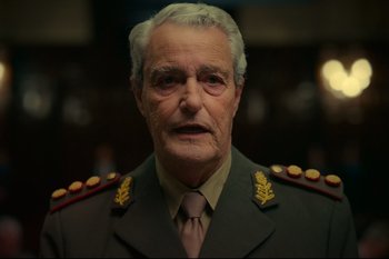 Movie still from “Argentina, 1985” (2022), directed by Santiago Mitre – An older man wearing a military uniform; Close Up shot, Low angle