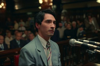 Movie still from “Argentina, 1985” (2022), directed by Santiago Mitre – A man wearing a suit and tie in front of a microphone; Close Up shot, Low angle