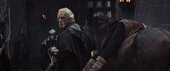 Movie still from “Snow White and the Huntsman” (2012), directed by Rupert Sanders – An old man with a beard is walking with a dog; Medium shot, Over the shoulder angle