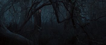 Movie still from “Snow White and the Huntsman” (2012), directed by Rupert Sanders – A man holding a knife standing in the middle of a forest; Wide shot, High angle