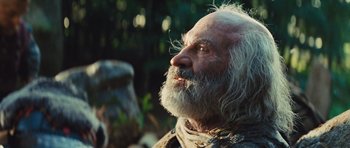 Movie still from “Snow White and the Huntsman” (2012), directed by Rupert Sanders – An old man with long white beard looking up; Close Up shot, Low angle