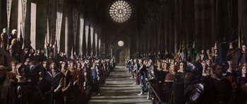 Movie still from “Snow White and the Huntsman” (2012), directed by Rupert Sanders – A group of people standing in front of a large crowd; Extreme Wide shot, High angle