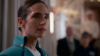 Movie still from “Snowpiercer” (2020), created by Graeme Manson – A person wearing a jacket; Close Up shot, Over the shoulder angle