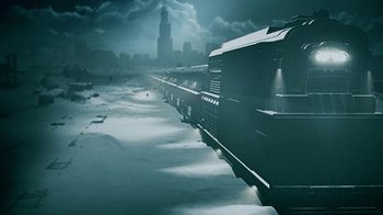 Movie still from “Snowpiercer” (2020), created by Graeme Manson – A train traveling down tracks next to a body of water; Extreme Wide shot, Low angle
