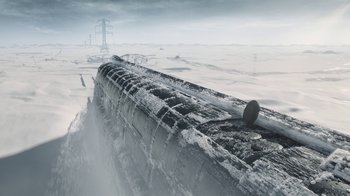 Movie still from “Snowpiercer” (2020), created by Graeme Manson – An old train is covered in snow and ice; Extreme Wide shot, High angle