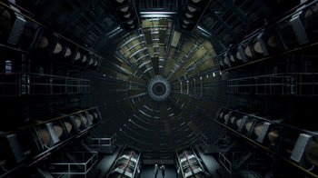 Movie still from “Mr. Robot” (2015), created by Sam Esmail – Two people standing in a large room with a lot of barrels; Extreme Wide shot, Overhead angle