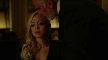 Movie still from “Mr. Robot” (2015), created by Sam Esmail – An older man and a young woman looking at each other; Close Up shot, Over the shoulder angle