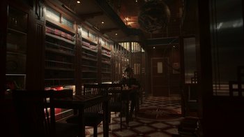 Movie still from “Snowpiercer” (2020), created by Graeme Manson – A room filled with lots of books and tables; Extreme Wide shot, High angle