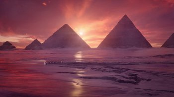 Movie still from “Snowpiercer” (2020), created by Graeme Manson – A sunset over the pyramids of gizeh in egypt; Extreme Wide shot, Low angle