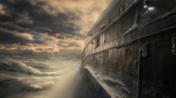 Movie still from “Snowpiercer” (2020), created by Graeme Manson – An old boat in the middle of the ocean; Extreme Wide shot, Low angle