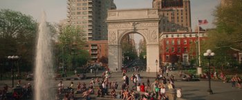 Movie still from “Someone Great” (2019), directed by Jennifer Kaytin Robinson – A crowd of people walking on a sidewalk near a tall building; Extreme Wide shot, High angle