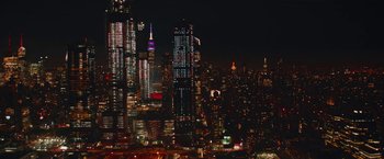 Movie still from “Someone Great” (2019), directed by Jennifer Kaytin Robinson – A view of a city at night with lights on buildings; Extreme Wide shot, High angle