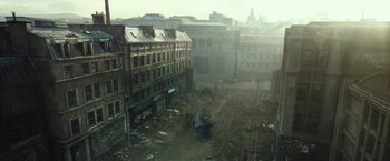 Movie still from “Spectral” (2016), directed by Nic Mathieu – An abandoned city is shown in the middle of the day; Extreme Wide shot, High angle