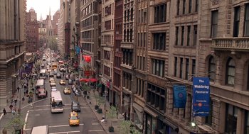 Movie still from “Spider-Man” (2002), directed by Sam Raimi – A city street filled with lots of tall buildings; Extreme Wide shot, High angle