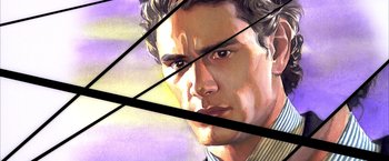 Movie still from “Spider-Man 2” (2004), directed by Sam Raimi – A painting of a young man looking at the camera; Extreme Close Up shot, Low angle