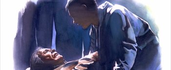 Movie still from “Spider-Man 2” (2004), directed by Sam Raimi – A painting of a man looking down at another man's face; Extreme Close Up shot, Low angle