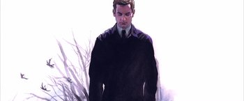 Movie still from “Spider-Man 2” (2004), directed by Sam Raimi – A painting of a man wearing a suit and tie; Medium shot, Low angle