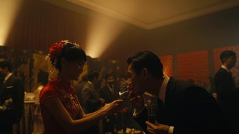 Movie still from “Mr. Robot” (2015), created by Sam Esmail – A man and a woman are smoking a cigarette together; Medium shot, Over the shoulder angle