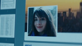 Movie still from “Mr. Robot” (2015), created by Sam Esmail – Picture of a woman's face on a computer screen; Extreme Close Up shot, High angle