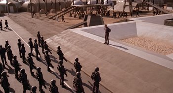 Movie still from “Starship Troopers” (1997), directed by Paul Verhoeven – Extreme Wide shot, High angle