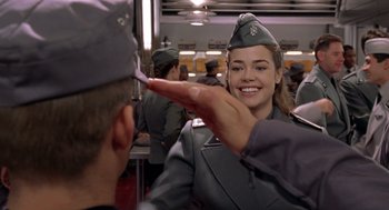 Movie still from “Starship Troopers” (1997), directed by Paul Verhoeven – Close Up shot, Over the shoulder angle