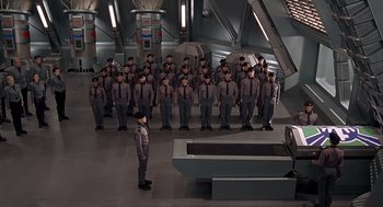 Movie still from “Starship Troopers” (1997), directed by Paul Verhoeven – Wide shot, High angle