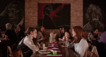 Movie still from “Still Alice” (2014), directed by Richard Glatzer – A group of people sitting at a table with food; Medium shot, Over the shoulder angle