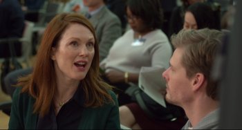 Movie still from “Still Alice” (2014), directed by Richard Glatzer – A woman talking to a man in a crowd of people; Close Up shot, Over the shoulder angle