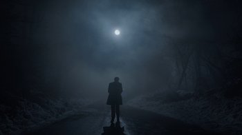 Movie still from “Mr. Robot” (2015), created by Sam Esmail – A person standing in the middle of a road in the dark; Extreme Wide shot, Low angle