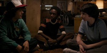 Movie still from “Stranger Things” (2016), created by Ross Duffer – A group of people sitting on the ground; Medium shot, High angle
