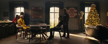 Movie still from “Mr. Robot” (2015), created by Sam Esmail – Two people are sitting at a table in a room; Wide shot, Over the shoulder angle