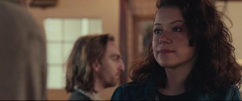 Movie still from “Stronger” (2017), directed by David Gordon Green – A woman and a man are looking at each other; Close Up shot, Over the shoulder angle