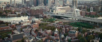 Movie still from “Stronger” (2017), directed by David Gordon Green – An aerial view of the city of boston , massachusetts; Extreme Wide shot, High angle