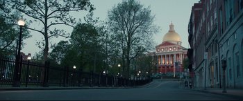 Movie still from “Stronger” (2017), directed by David Gordon Green – A view of the state house from across the street; Extreme Wide shot, Low angle