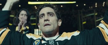 Movie still from “Stronger” (2017), directed by David Gordon Green – A person wearing a hockey uniform; Close Up shot, Low angle