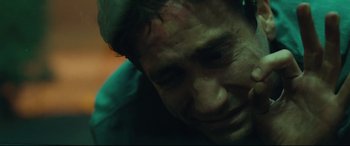 Movie still from “Stronger” (2017), directed by David Gordon Green – A man's face with tears coming out of his eyes; Close Up shot, Low angle