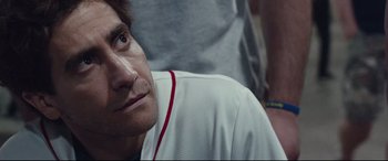 Movie still from “Stronger” (2017), directed by David Gordon Green – A baseball player's face; Close Up shot, Over the shoulder angle