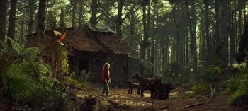 Movie still from “Sweet Tooth” (2021), created by Jim Mickle – A woman in a red jacket standing in front of a cabin; Wide shot, Low angle