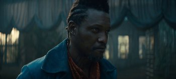 Movie still from “Sweet Tooth” (2021), created by Jim Mickle – A person wearing a jacket; Close Up shot, Low angle