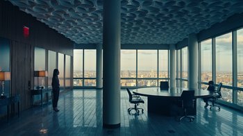 Movie still from “Mr. Robot” (2015), created by Sam Esmail – An empty room with a view of a city; Extreme Wide shot, High angle