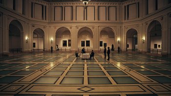 Movie still from “Mr. Robot” (2015), created by Sam Esmail – A group of people standing in a large room; Extreme Wide shot, High angle