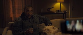 Movie still from “Synchronic” (2019), directed by Justin Benson – A man sitting on a couch petting a dog; Medium shot, Over the shoulder angle